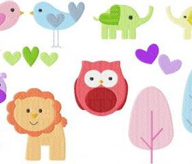 Set of mixed 4X4 Spring Animals Owls Birds Hearts Baby Shower Filled Machine Embroidery Designs