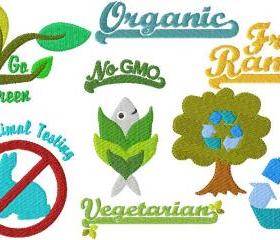 Set of fifteen 4X4 Earth Friendly Vegetarian Vegan & Organic Symbols Machine Embroidery Designs Recycle Reuse