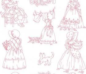 Set of Twelve 5X7 SunBonnet Girls Redwork Machine Embroidery Designs